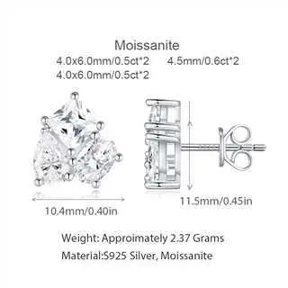 S925 Silver Moissanite Stud Earrings Princess Square Three-Stone Claw Set - 7