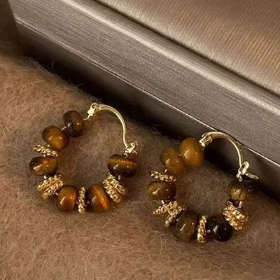 Fransız Vintage Küpe Karamel Kehribar Renkli Boncuklu - 9