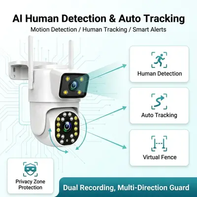 3MP dual-lens PTZ WiFi camera, AI human detection