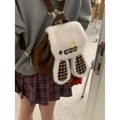Women's Winter Woolen Plaid Mini Backpack with Cute Rabbit Plush - 9
