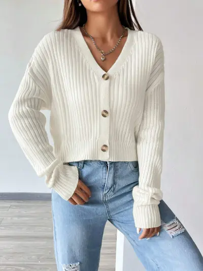 Women's V-Neck Long Sleeve Knit Cardigan, Solid Color, Autumn Winter - 7