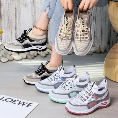 Women's cross-border large-size sports shoes, flyknit mesh shoes, shallow lightweight casual shoes, comfortable women's shoes, versatile single shoes.