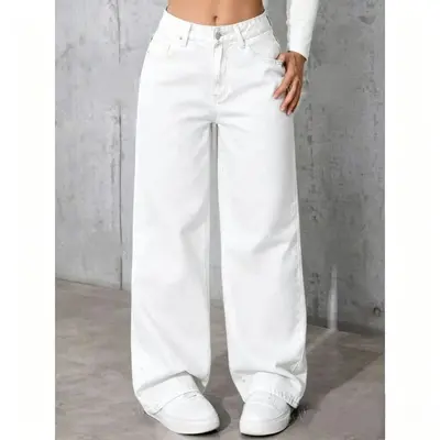 Damen-Jeans, hoher Bund, weites Bein, schwarz, gerade geschnitten - 12