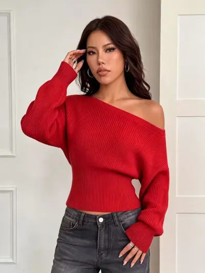 Langärmliger Damenstrickpullover mit Off-Shoulder-Ausschnitt - 13