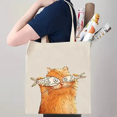 Cross-border popular cute cat print canvas bag shoulder foldable tote bag shopping bag travel bag customizable - 10