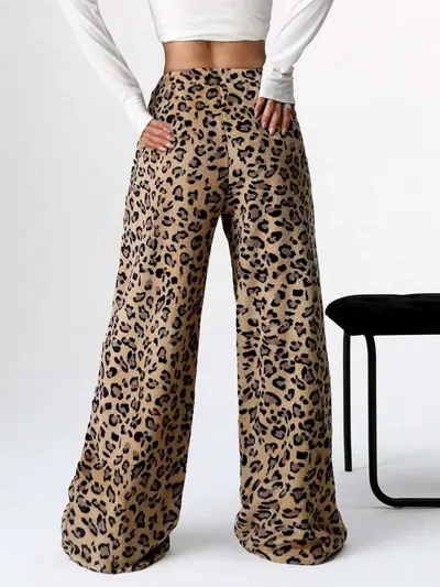Leopar Desenli Uzun Geniş Paça Günlük Pantolon