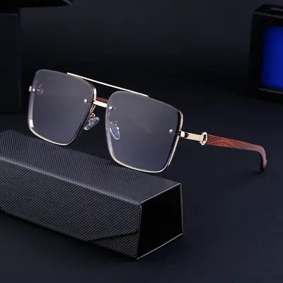 Square Frame Men's Sunglasses with Imitation Wood Grain Temples - 3