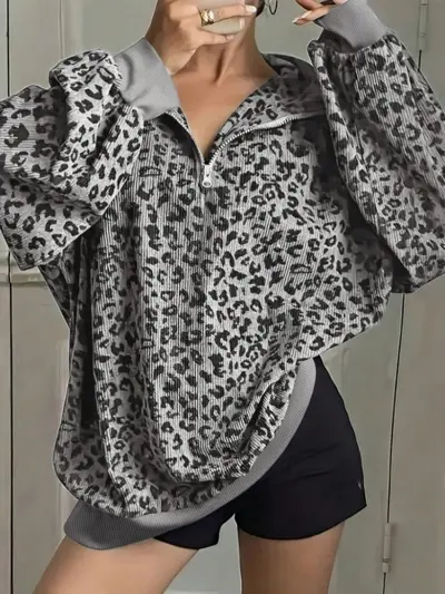 Women's Retro Leopard Print Stand-Collar Loose Sweatshirt - 8
