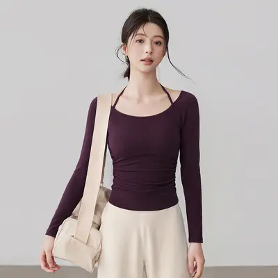Damen-Neckholder-Yogaoberteil mit integrierten Cups, freie Schultern - 7