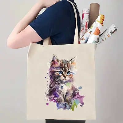 Cross-border popular cute cat print canvas bag shoulder foldable tote bag shopping bag travel bag customizable - 11
