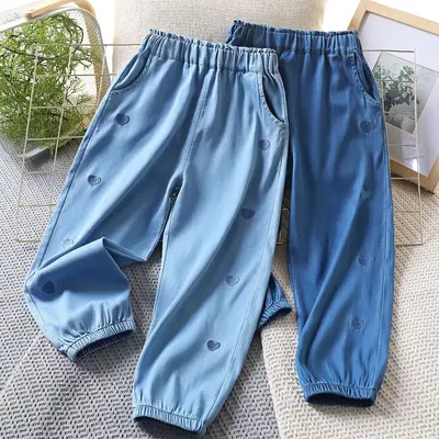 Tencel Denim Kids Trousers with Embroidered Heart, Anti-Mosquito, Medium to Large Sizes