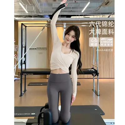 瑜伽服套装女氛围感网纱罩衫带胸垫上衣高弹健身裤跑步训练两件套 - 12