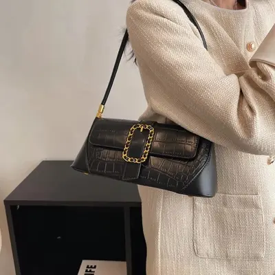Women's Crossbody Bag, Solid Color PU Leather, Crocodile Pattern - 5