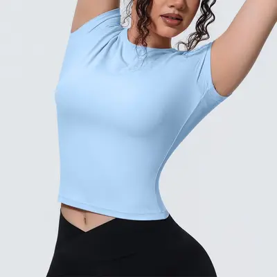 Grenzüberschreitender neuer Sports-T-Shirt mit nacktem Gefühl, Taillenraffinierung, figurbetonter Kurzarm, atmungsaktive Yoga-Trainingsober- und Lauftraining-Fitnessshirt für Damen