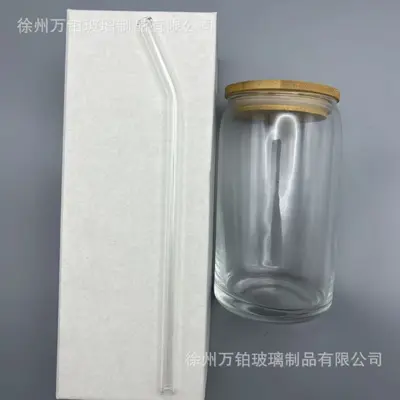 Glasbecher mit Bambusdeckel und Strohhalm, transparent, Mason-Jar-Stil, Sublimations-Cola- - 9