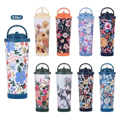 Neue 830-ml-Thermoskanne mit großer Kapazität, praktischer Griff, Einzelbecher, doppelwandiger Trinkbecher, großes Loch, bedruckter Strohhalm-Becher - 3