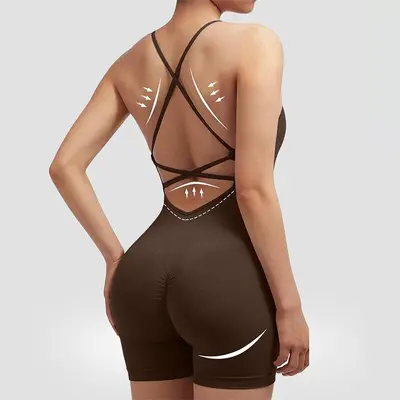 Askılı Yoga Tulumu Şortlu, Seksi Tek Parça Spor Tulumu - 9