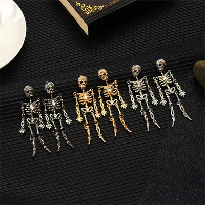 Halloween Retro Skull Earrings with Rhinestones, Exaggerated Design