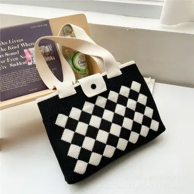 Women's handwoven tote bag, diamond pattern, large capacity, single shoulder strap - 10