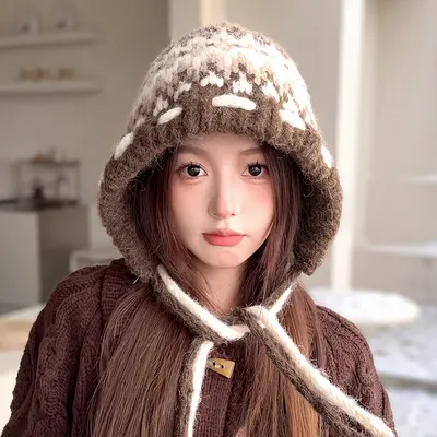 Women's Autumn Winter Jacquard Knit Beanie with Ear Protection, Heat-Retaining