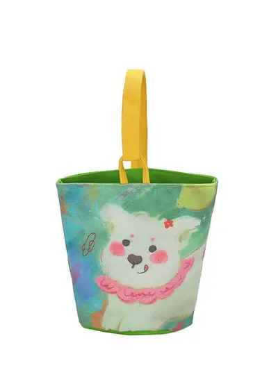 Printed Canvas Bucket Bag with Cartoon Illustration for Women - 11