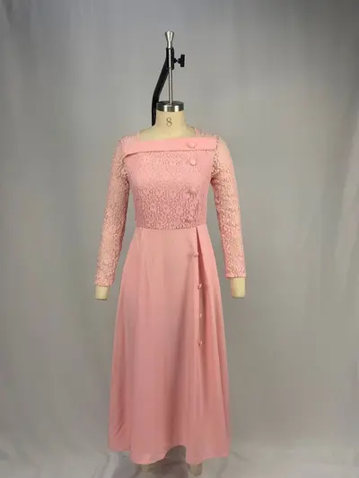 Women's Plus Size Lace Dress, Round Neck, High Waist, Long Sleeve - 7