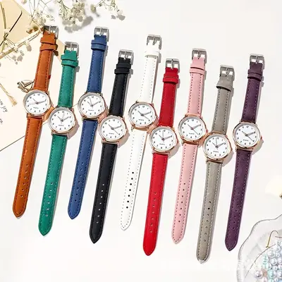Roségold-Damenuhr Quarz, Lederarmband, wasserdicht