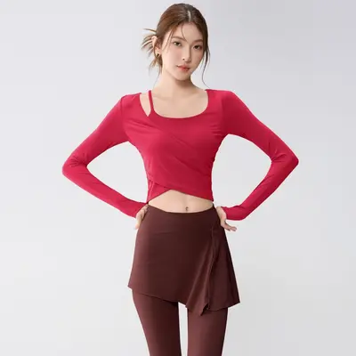 Women's Yoga Set with Built-in Chest Pads, Long Sleeve Faux Two-Piece Fitness Set - 12