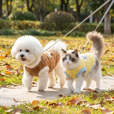 新款秋冬两脚无袖绒衣背心卡通狗狗衣服中小型犬户外牵引宠物衣服