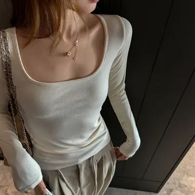 Modal Black Long Sleeve Women's T-Shirt, Low Collar, Korean Style, Autumn Winter 2025 - 11