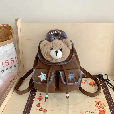 Plush Bear Flap Backpack for Girls, Plaid Pattern - 7