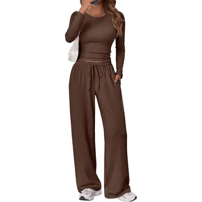 Women's Sports Yoga Set, Autumn Winter Solid Color Long Sleeve Round Neck