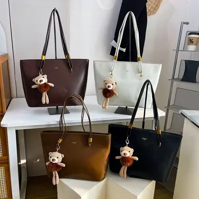 Large Retro Tote Bag, PU Leather, Solid Color - 2
