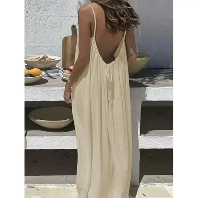 Women's Solid Color Backless Spaghetti Strap Home Dress - 12
