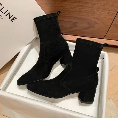 Kadın Kalın Topuklu Süet Görünümlü Bot, Esnek, İnce Model, Kısa Çizme - 9