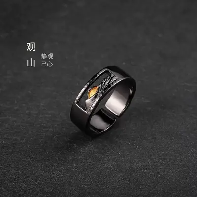 Men's Vintage Black Adjustable Open Ring, Black Gold - 10