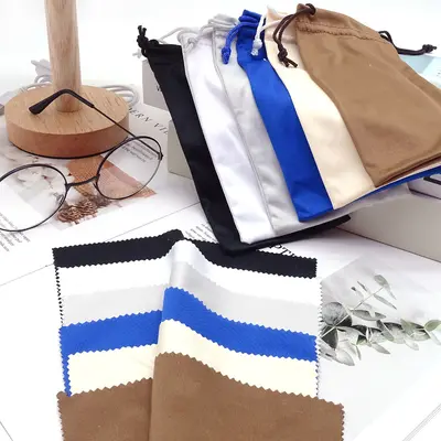 Solid Colour Glasses Pouch and Microfibre Cloth Set, Drawstring Bag