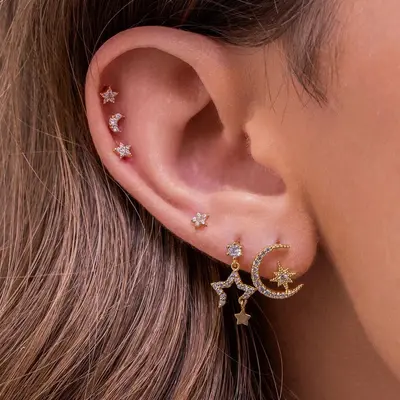 Star and Moon Chain Tassel Earring Set, Hexagonal Zircon - 9