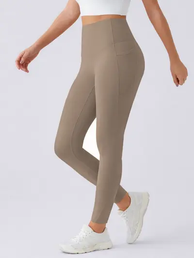 Solid Color Yoga Pants with Side Pockets, Nude-Feel Sports Shorts - 8