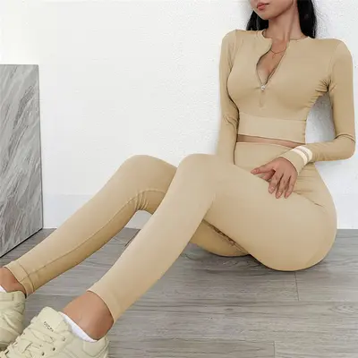 Kadın pilates yoga seti, fermuar, uzun kollu, tayt, profesyonel fitness - 8