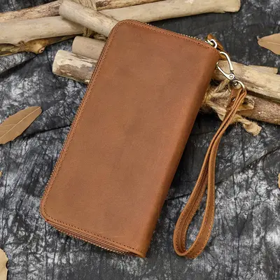 Men's Crazy Horse Leather Long Wallet with Zipper, Double-Layer Cowhide - 7