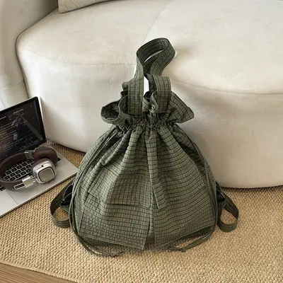 Large Capacity Lightweight Travel Backpack Plaid Drawstring Tote Bag - 12
