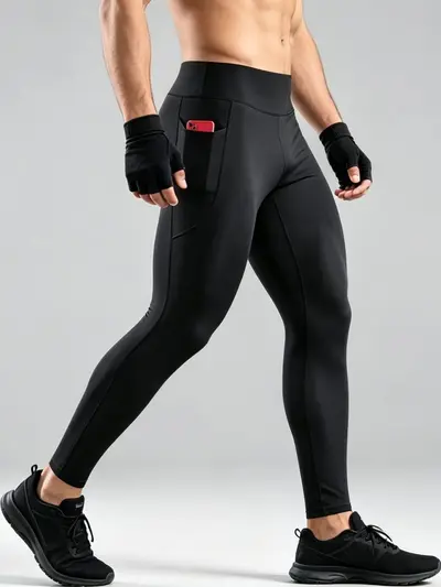 Herren-Sport-Leggings mit hoher Taille, Tasche, nahtlos - 6