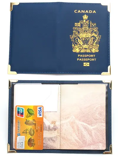 Leather passport wallet with copper feet and metal corners, lightweight slim