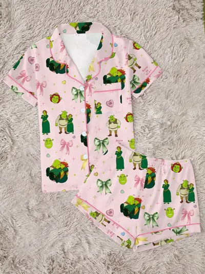 Damen-Schlafanzug-Kurzset mit Goblin-Druck aus Milchseide, 2 Farben