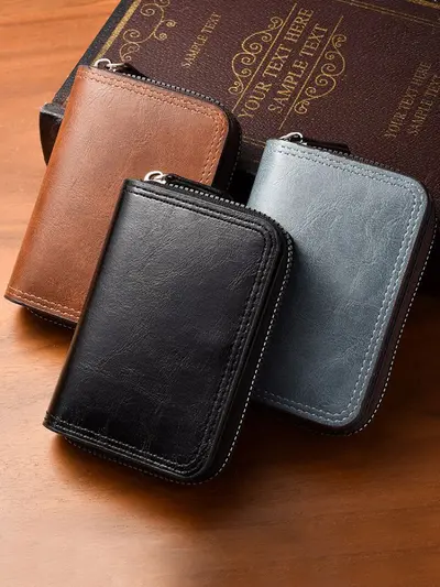 Crazy Horse Leather Men's Zipper Card Holder and Coin Wallet