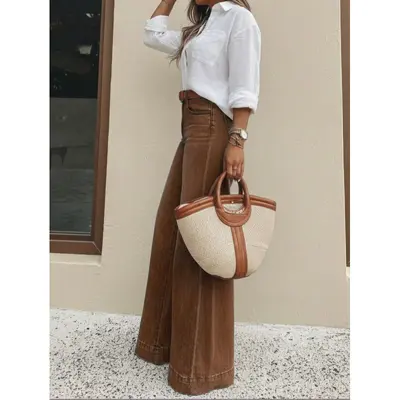 Kadın Kot Pantolon, Retro Yıkamalı, Bol Paça, Yüksek Bel Görünümlü Yeni Sezon