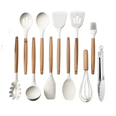 Mutfak yapışmaz tava ahşap saplı paslanmaz çelik silikon spatula, yüksek sıcaklığa dayanıklı, haşlanma önleyici, kaymaz, ev tipi gıda sınıfı silikon spatula ve kaşık.