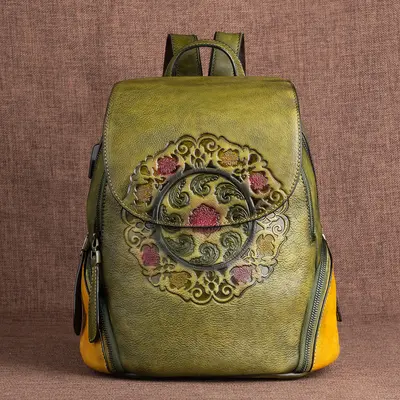 Cowhide Backpack, Embossed, Retro Chinese Style - 4