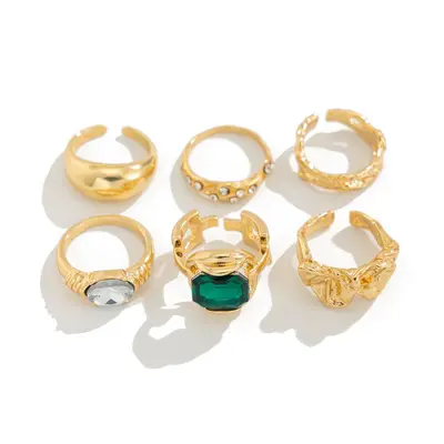 欧美跨境时尚ins风彩色宝石镶嵌戒指套装 金属质感光面指环Rings